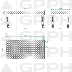 Stół Spawalniczy PRO INOX Rozmiar - 2000x1000mm, Siatka - DIAGONALNA, System - Φ28, Nogi - Na kołach - rysunek techniczny