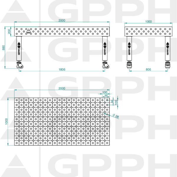 Stół Spawalniczy PRO INOX Rozmiar - 2000x1000mm, Siatka - DIAGONALNA, System - Φ28, Nogi - Na kołach - rysunek techniczny