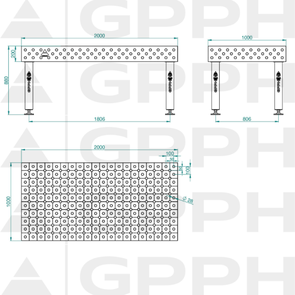 Stół Spawalniczy PRO INOX Rozmiar - 2000x1000mm, Siatka - DIAGONALNA, System - Φ28, Nogi - Na stopach - rysunek techniczny