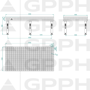 Stół Spawalniczy PRO INOX Rozmiar - 2400x1200mm, Siatka - 50x50mm, System - Φ16, Nogi - Na stopach - rysunek techniczny