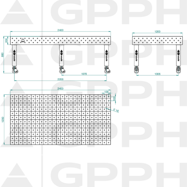Stół Spawalniczy PRO INOX Rozmiar - 2400x1200mm, Siatka - 100x100mm, System - Φ16, Nogi - Na kołach - rysunek techniczny