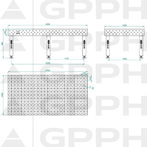 Stół Spawalniczy PRO INOX Rozmiar - 2400x1200mm, Siatka - 100x100mm, System - Φ16, Nogi - Na stopach - rysunek techniczny