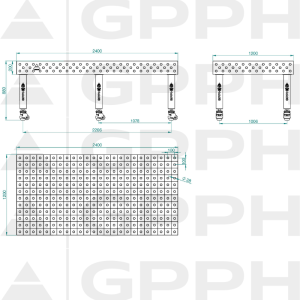 Stół Spawalniczy PRO INOX Rozmiar - 2400x1200mm, Siatka - 100x100mm, System - Φ28, Nogi - Na kołach - rysunek techniczny