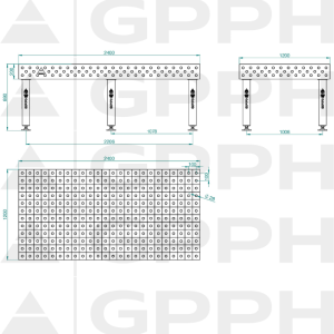 Stół Spawalniczy PRO INOX Rozmiar - 2400x1200mm, Siatka - 100x100mm, System - Φ28, Nogi - Na stopach - rysunek techniczny