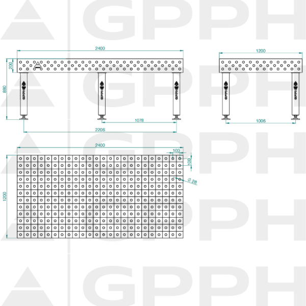 Stół Spawalniczy PRO INOX Rozmiar - 2400x1200mm, Siatka - 100x100mm, System - Φ28, Nogi - Na stopach - rysunek techniczny
