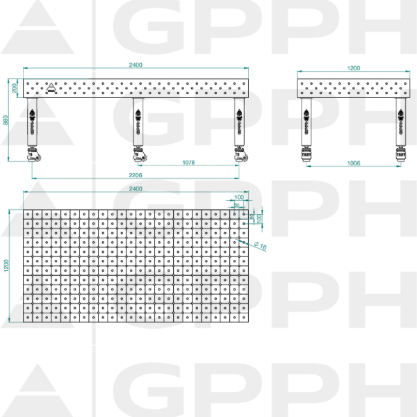 Stół Spawalniczy PRO INOX Rozmiar - 2400x1200mm, Siatka - DIAGONALNA, System - Φ16, Nogi - Na kołach - rysunek techniczny
