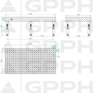 Stół Spawalniczy PRO INOX Rozmiar - 2400x1200mm, Siatka - DIAGONALNA, System - Φ16, Nogi - Na stopach - rysunek techniczny