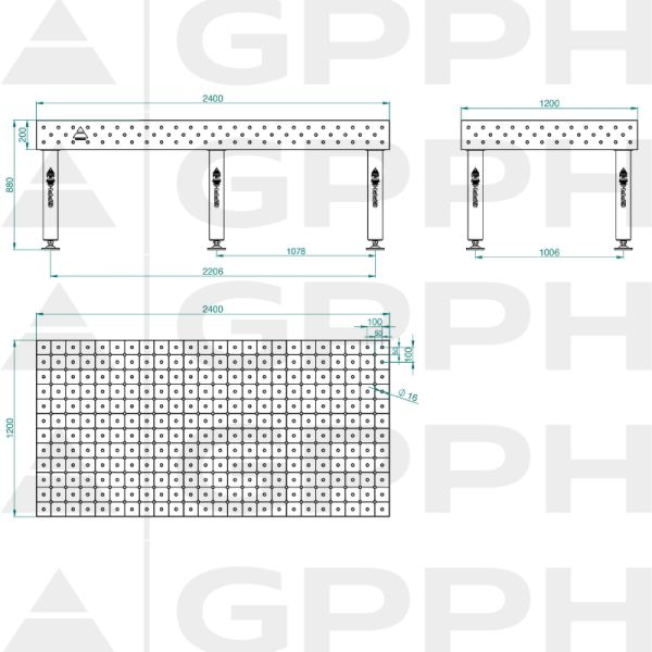 Stół Spawalniczy PRO INOX Rozmiar - 2400x1200mm, Siatka - DIAGONALNA, System - Φ16, Nogi - Na stopach - rysunek techniczny