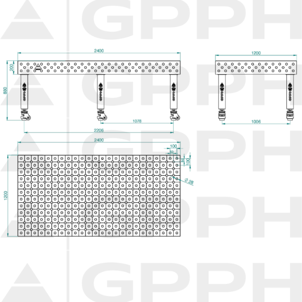 Stół Spawalniczy PRO INOX Rozmiar - 2400x1200mm, Siatka - DIAGONALNA, System - Φ28, Nogi - Na kołach - rysunek techniczny