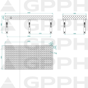 Stół Spawalniczy PRO INOX Rozmiar - 2400x1200mm, Siatka - DIAGONALNA, System - Φ28, Nogi - Na stopach - rysunek techniczny