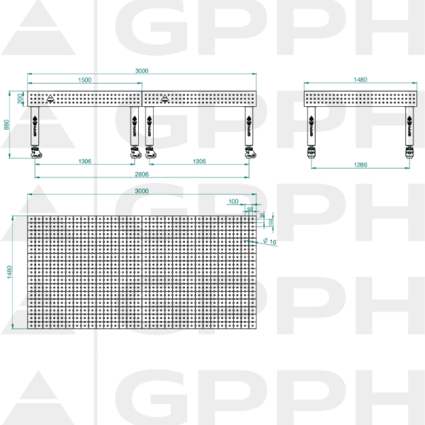 Stół Spawalniczy PRO INOX Rozmiar - 3000x1480mm, Siatka - 50x50mm, System - Φ16, Nogi - Na kołach - rysunek techniczny