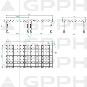 Stół Spawalniczy PRO INOX Rozmiar - 3000x1480mm, Siatka - 100x100mm, System - Φ16, Nogi - Na kołach - rysunek techniczny