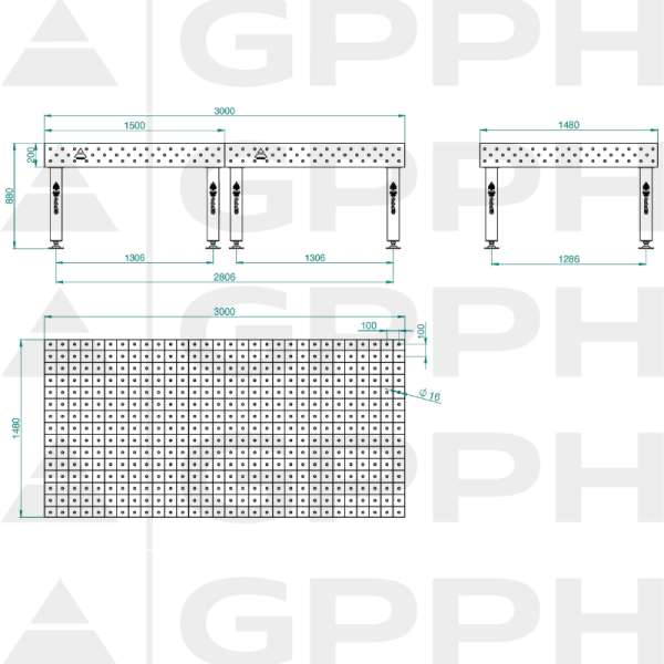 Stół Spawalniczy PRO INOX Rozmiar - 3000x1480mm, Siatka - 100x100mm, System - Φ16, Nogi - Na stopach - rysunek techniczny