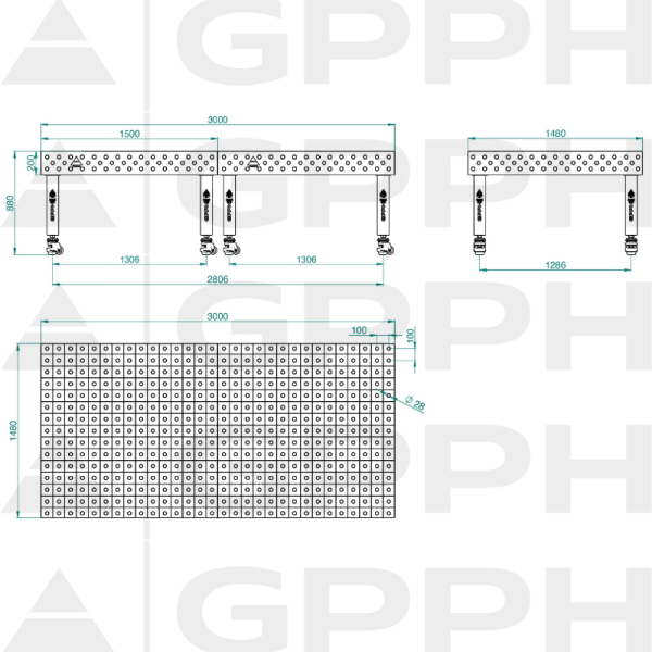 Stół Spawalniczy PRO INOX Rozmiar - 3000x1480mm, Siatka - 100x100mm, System - Φ28, Nogi - Na kołach - rysunek techniczny