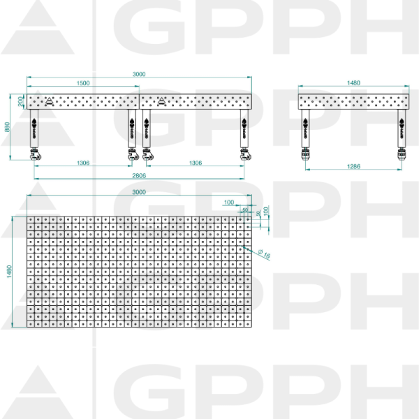 Stół Spawalniczy PRO INOX Rozmiar - 3000x1480mm, Siatka - DIAGONALNA, System - Φ16, Nogi - Na kołach - rysunek techniczny