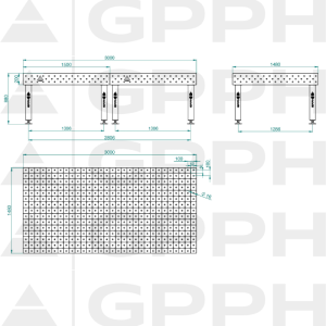 Stół Spawalniczy PRO INOX Rozmiar - 3000x1480mm, Siatka - DIAGONALNA, System - Φ16, Nogi - Na stopach - rysunek techniczny