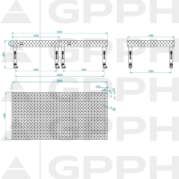 Stół Spawalniczy PRO INOX Rozmiar - 3000x1480mm, Siatka - DIAGONALNA, System - Φ28, Nogi - Na kołach - rysunek techniczny