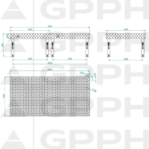 Stół Spawalniczy PRO INOX Rozmiar - 3000x1480mm, Siatka - DIAGONALNA, System - Φ28, Nogi - Na stopach - rysunek techniczny