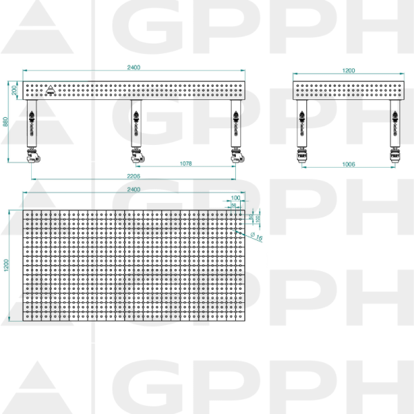 Stół Spawalniczy PRO Siatka - 50x50mm, System - Φ16, Rozmiar - 2400x1200mm, Nogi - Na kołach Rysunek techniczny