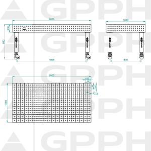Stół Spawalniczy PRO Siatka - 50x50mm, System - Φ16, Rozmiar - 2000x1000mm, Nogi - Na kołach Rysunek techniczny