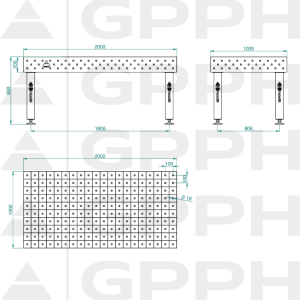 Stół Spawalniczy PRO Siatka - 100x100mm, System - Φ16, Rozmiar - 2000x1000mm, Nogi - Na stopach Rysunek techniczny