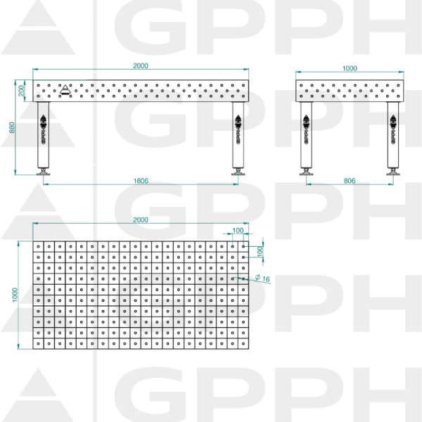 Stół Spawalniczy PRO Siatka - 100x100mm, System - Φ16, Rozmiar - 2000x1000mm, Nogi - Na stopach Rysunek techniczny