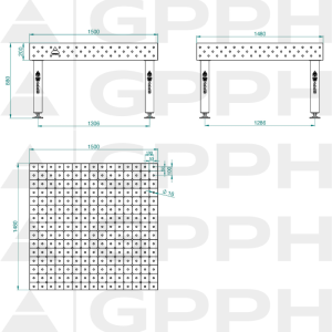 Stół Spawalniczy PRO Siatka - diagonalna, System - Φ16, Rozmiar - 1500x1480mm, Nogi - Na stopach Rysunek techniczny