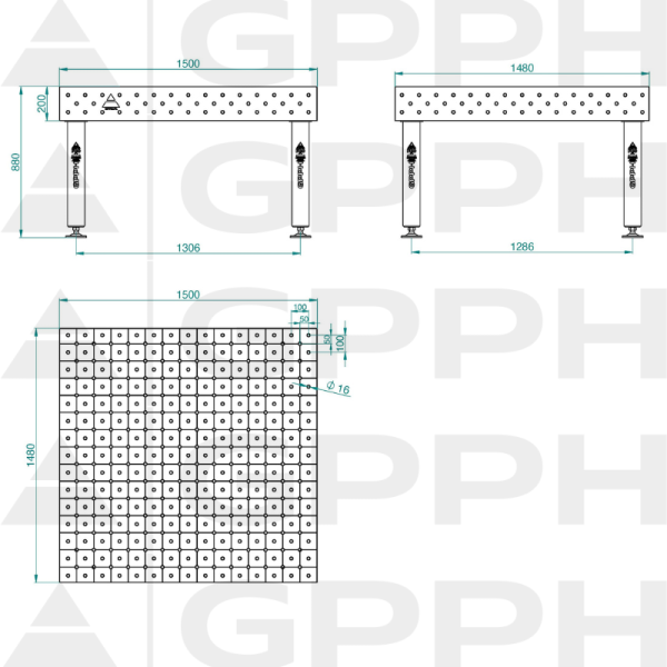 Stół Spawalniczy PRO Siatka - diagonalna, System - Φ16, Rozmiar - 1500x1480mm, Nogi - Na stopach Rysunek techniczny