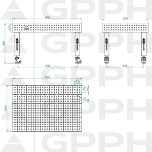 Stół Spawalniczy PRO Siatka - 50x50mm, System - Φ16, Rozmiar - 1500x1000mm, Nogi - Na kołach Rysunek techniczny