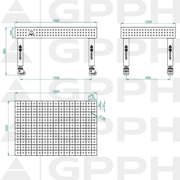 Stół Spawalniczy PRO Siatka - 50x50mm, System - Φ16, Rozmiar - 1500x1000mm, Nogi - Na kołach Rysunek techniczny