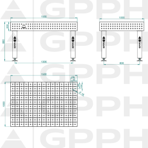 Stół Spawalniczy PRO Siatka - 50x50mm, System - Φ16, Rozmiar - 1500x1000mm, Nogi - Na stopach Rysunek techniczny