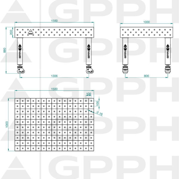 Stół Spawalniczy PRO Siatka - 100x100mm, System - Φ16, Rozmiar - 1500x1000mm, Nogi - Na kołach Rysunek techniczny