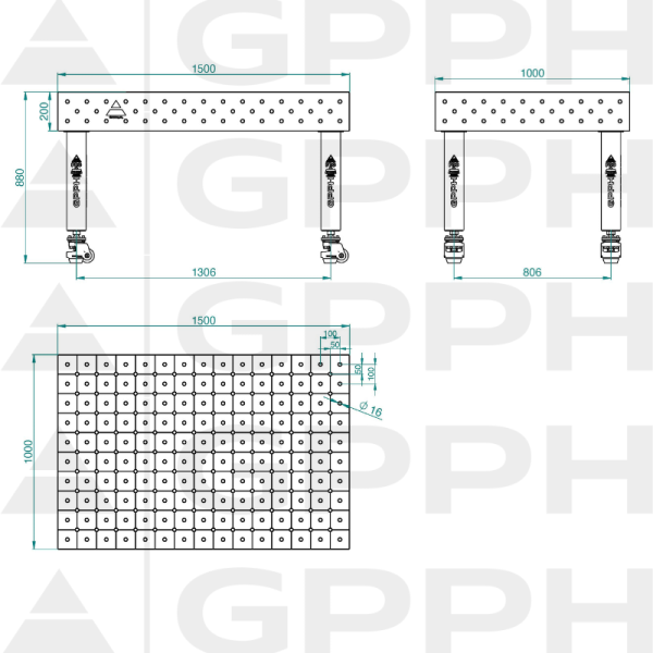 Stół Spawalniczy PRO Siatka - diagonalna, System - Φ16, Rozmiar - 1500x1000mm, Nogi - Na kołach Rysunek techniczny