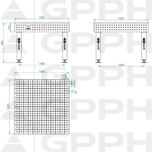 Stół Spawalniczy PRO Siatka - 50x50mm, System - Φ16, Rozmiar - 1200x1200mm, Nogi - Na stopach Rysunek techniczny