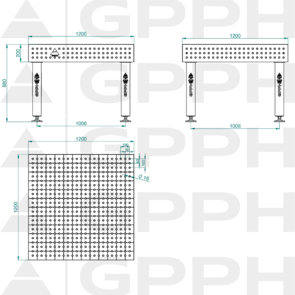 Stół Spawalniczy PRO Siatka - 50x50mm, System - Φ16, Rozmiar - 1200x1200mm, Nogi - Na stopach Rysunek techniczny
