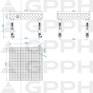 Stół Spawalniczy PRO Siatka - 100x100mm, System - Φ16, Rozmiar - 1200x1200mm, Nogi - Na kołach Rysunek techniczny