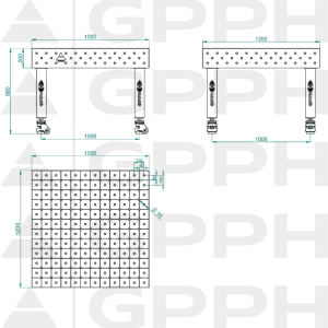 Stół Spawalniczy PRO Siatka - diagonalna, System - Φ16, Rozmiar - 1200x1200mm, Nogi - Na kołach Rysunek techniczny