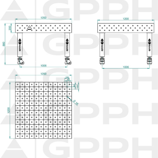 Stół Spawalniczy PRO Siatka - diagonalna, System - Φ16, Rozmiar - 1200x1200mm, Nogi - Na kołach Rysunek techniczny