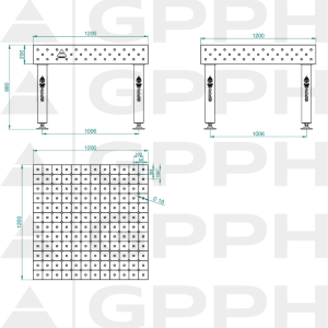 Stół Spawalniczy PRO Siatka - diagonalna, System - Φ16, Rozmiar - 1200x1200mm, Nogi - Na stopach Rysunek techniczny