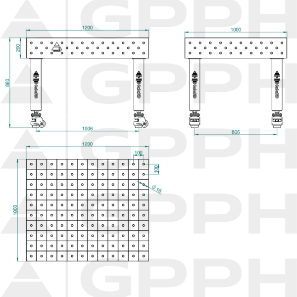 Stół Spawalniczy PRO Rozmiar - 1200x1000mm, Siatka - 100x100mm, System - Φ16, Nogi - Na kołach Rysunek techniczny