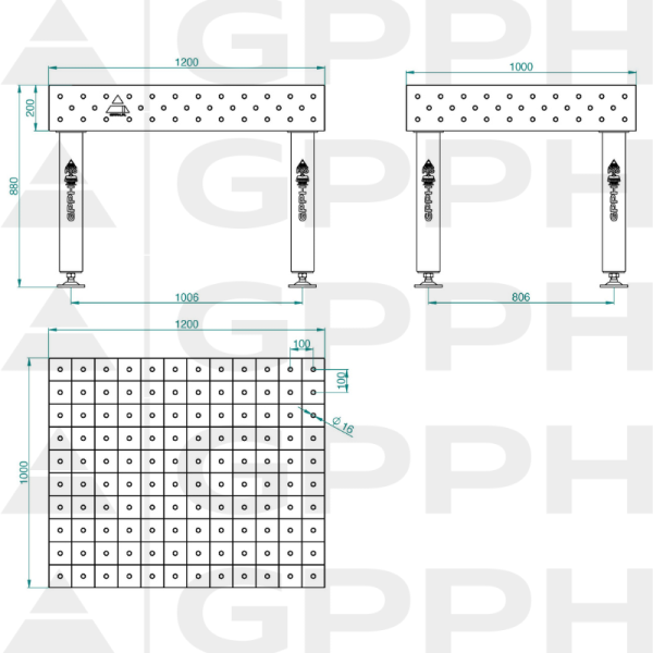Stół Spawalniczy PRO Rozmiar - 1200x1000mm, Siatka - 100x100mm, System - Φ16, Nogi - Na stopach Rysunek techniczny