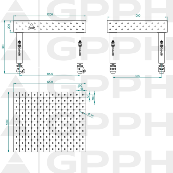Stół Spawalniczy PRO Rozmiar - 1200x1000mm, Siatka - diagonalna, System - Φ16, Nogi - Na kołach Rysunek techniczny