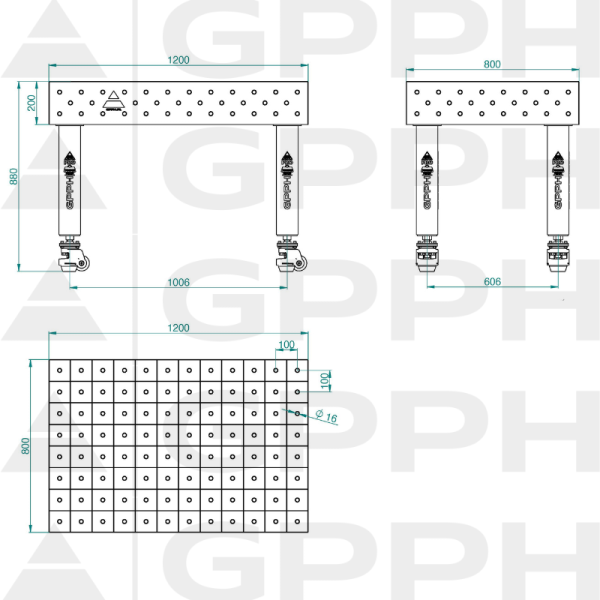 Stół Spawalniczy PRO Rozmiar - 1200x800mm, Siatka - 100x100mm, System - Φ16, Nogi - Na kołach Rysunek techniczny