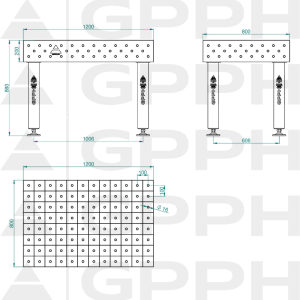 Stół Spawalniczy PRO Rozmiar - 1200x800mm, Siatka - 100x100mm, System - Φ16, Nogi - Na stopach Rysunek techniczny