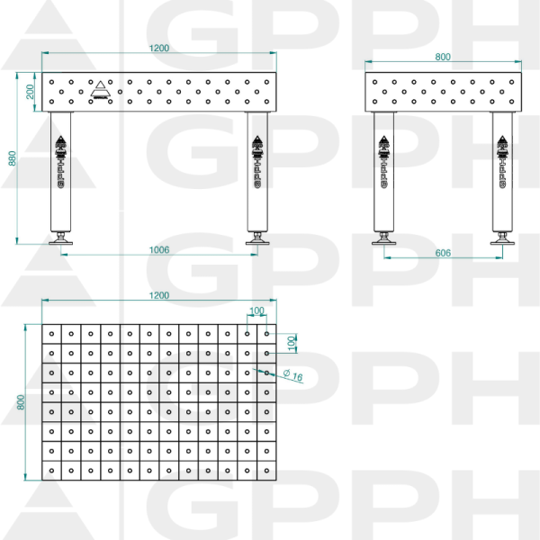 Stół Spawalniczy PRO Rozmiar - 1200x800mm, Siatka - 100x100mm, System - Φ16, Nogi - Na stopach Rysunek techniczny