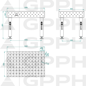 Stół Spawalniczy PRO Rozmiar - 1200x800mm, Siatka - diagonalna, System - Φ16, Nogi - Na stopach Rysunek techniczny