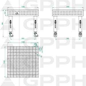 Stół Spawalniczy PRO Rozmiar - 1000x1000mm, Siatka - 50x50mm, System - Φ16, Nogi - Na kołach Rysunek techniczny