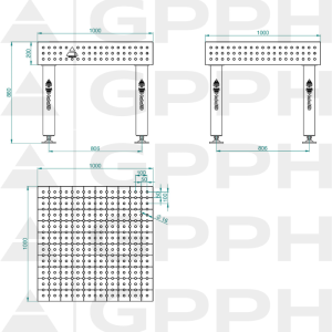 Stół Spawalniczy PRO Rozmiar - 1000x1000mm, Siatka - 50x50mm, System - Φ16, Nogi - Na stopach Rysunek techniczny