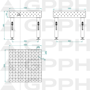 Stół Spawalniczy PRO Rozmiar - 1000x1000mm, Siatka - 100x100mm, System - Φ16, Nogi - Na stopach Rysunek techniczny