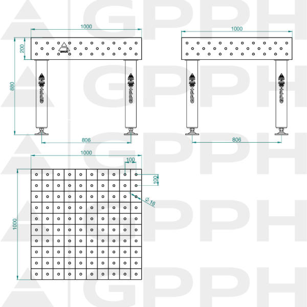 Stół Spawalniczy PRO Rozmiar - 1000x1000mm, Siatka - 100x100mm, System - Φ16, Nogi - Na stopach Rysunek techniczny